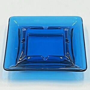 Vintage Blue‎ Glass Square Ashtray Mid Century Modern 4 Slot Catchall Dish 5.5in
